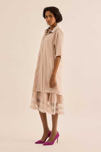 Buy_Kharakapas_Pink Muslin (mulmul) Collared Neck Opal Contrast Linig Shirt Dress _Online_at_Aza_Fashions