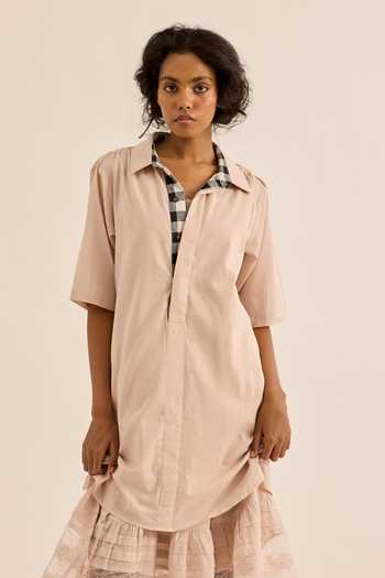 Shop_Kharakapas_Pink Muslin (mulmul) Collared Neck Opal Contrast Linig Shirt Dress _Online_at_Aza_Fashions
