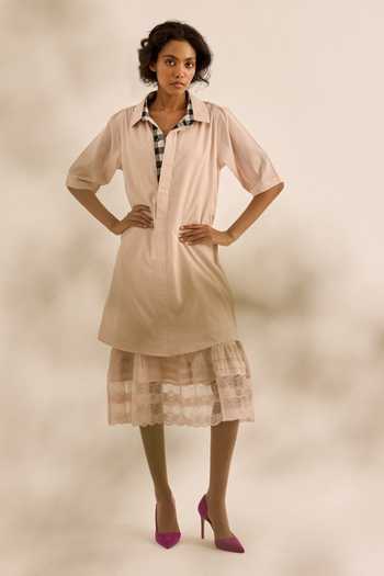 Buy_Kharakapas_Pink Muslin (mulmul) Collared Neck Opal Contrast Linig Shirt Dress 