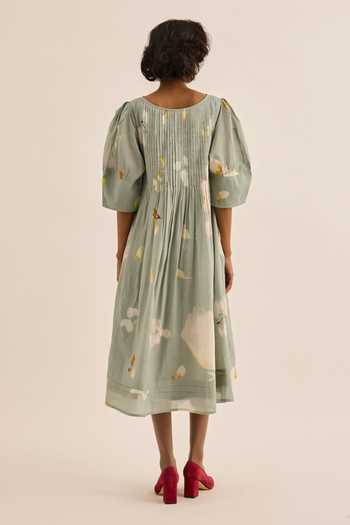 Shop_Kharakapas_Green Muslin Boat Neck Cornflower Floral Print Dress _at_Aza_Fashions