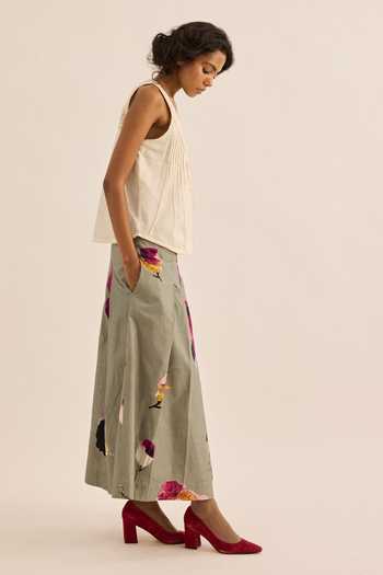 Kharakapas_Green Oxford Moon Mist Painterly Floral Print Skirt _Online_at_Aza_Fashions