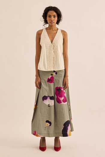 Kharakapas_Green Oxford Moon Mist Painterly Floral Print Skirt _at_Aza_Fashions