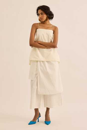Shop_Kharakapas_Ivory Muslin (mulmul) Square Neck Casper Cami Top And Pant Co-ord Set 