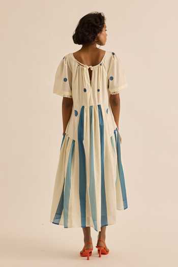 Shop_Kharakapas_Blue Muslin Round Neck Wild Pine Striped Polka Dot Dress _at_Aza_Fashions