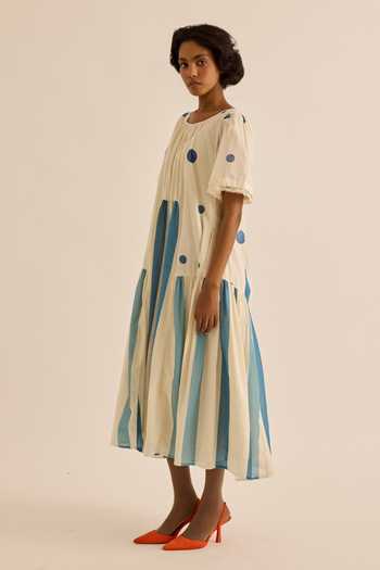Buy_Kharakapas_Blue Muslin Round Neck Wild Pine Striped Polka Dot Dress _Online_at_Aza_Fashions