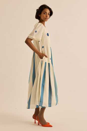 Shop_Kharakapas_Blue Muslin Round Neck Wild Pine Striped Polka Dot Dress _Online_at_Aza_Fashions
