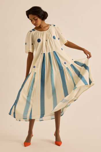 Buy_Kharakapas_Blue Muslin Round Neck Wild Pine Striped Polka Dot Dress 