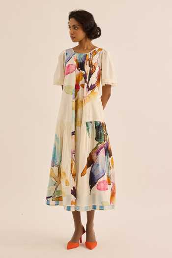 Buy_Kharakapas_Multi Color Muslin Round Neck Petaline Floral Print Dress _at_Aza_Fashions