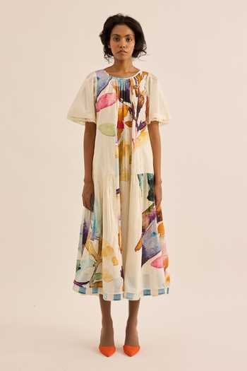 Kharakapas_Multi Color Muslin Round Neck Petaline Floral Print Dress _Online_at_Aza_Fashions