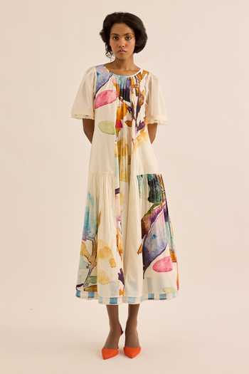 Kharakapas_Multi Color Muslin Round Neck Petaline Floral Print Dress _at_Aza_Fashions