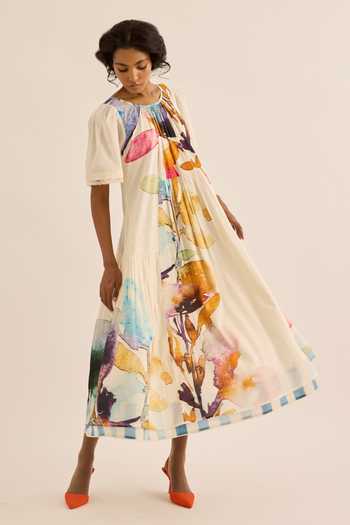 Buy_Kharakapas_Multi Color Muslin Round Neck Petaline Floral Print Dress 