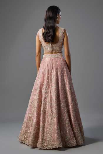 Shop_Vedant G_Pink Organza, Tissue Sweetheart Neck Pearl Embroidered Lehenga Set _at_Aza_Fashions