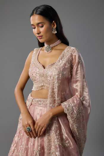 Vedant G_Pink Organza, Tissue Sweetheart Neck Pearl Embroidered Lehenga Set _Online_at_Aza_Fashions