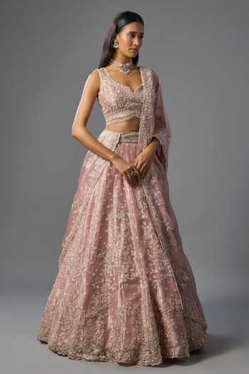 Buy_Vedant G_Pink Organza, Tissue Sweetheart Neck Pearl Embroidered Lehenga Set _at_Aza_Fashions