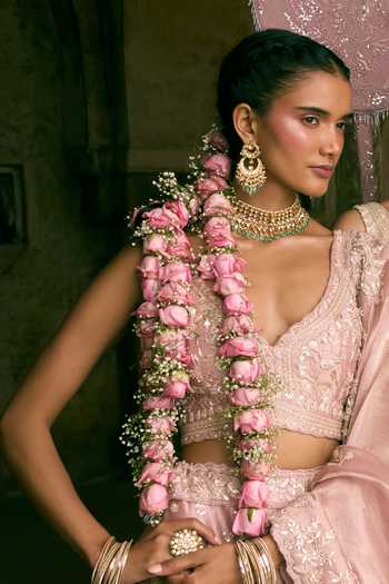Buy_Vedant G_Pink Organza, Tissue Sweetheart Neck Pearl Embroidered Lehenga Set _Online_at_Aza_Fashions