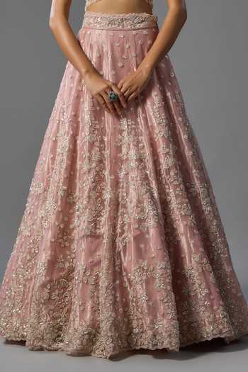 Shop_Vedant G_Pink Organza, Tissue Sweetheart Neck Pearl Embroidered Lehenga Set _Online_at_Aza_Fashions