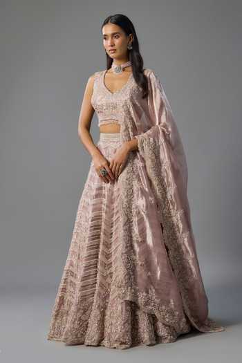 Buy_Vedant G_Lavender Organza, Tissue V-neck Cutdana Embroidered Lehenga Set _at_Aza_Fashions