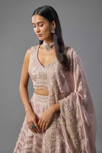 Vedant G_Lavender Organza, Tissue V-neck Cutdana Embroidered Lehenga Set _Online_at_Aza_Fashions