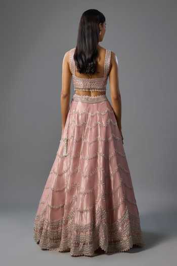 Shop_Vedant G_Pink Organza, Tissue Sweetheart Neck Cutdana Embroidered Lehenga Set _at_Aza_Fashions