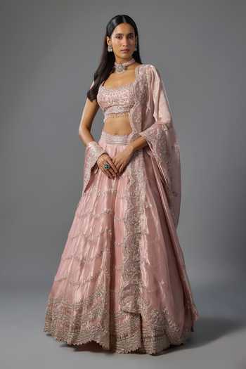 Buy_Vedant G_Pink Organza, Tissue Sweetheart Neck Cutdana Embroidered Lehenga Set _at_Aza_Fashions