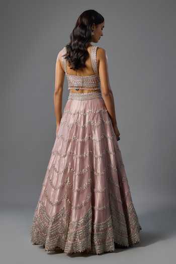 Shop_Vedant G_Lavender Organza, Tissue Square Neck Pearl Embroidered Lehenga Set _at_Aza_Fashions