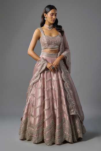 Buy_Vedant G_Lavender Organza, Tissue Square Neck Pearl Embroidered Lehenga Set _at_Aza_Fashions