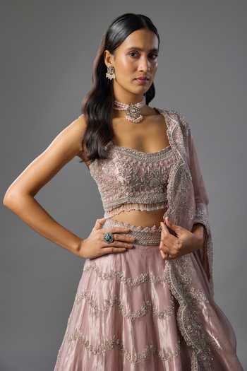 Vedant G_Lavender Organza, Tissue Square Neck Pearl Embroidered Lehenga Set _Online_at_Aza_Fashions