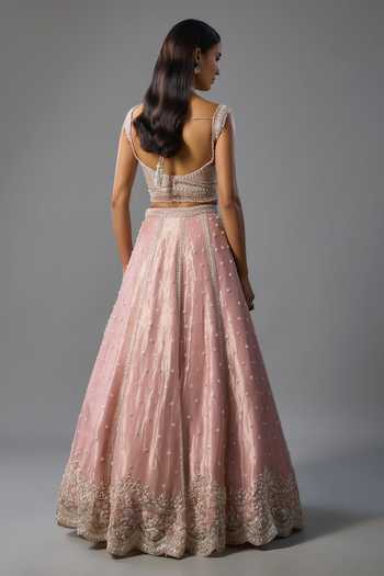 Shop_Vedant G_Pink Organza, Tissue Scoop Neck Sequins Embroidered Lehenga Set _at_Aza_Fashions