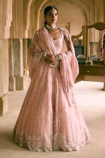 Buy_Vedant G_Pink Organza, Tissue Scoop Neck Sequins Embroidered Lehenga Set _at_Aza_Fashions