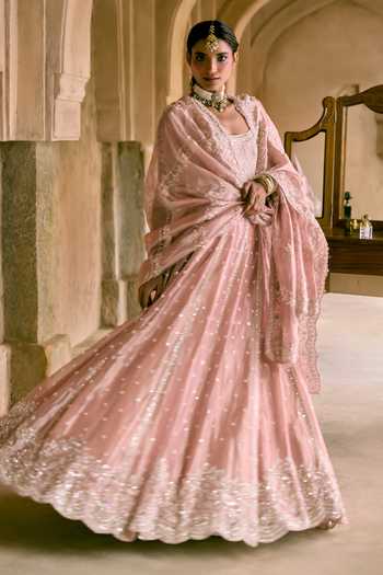 Vedant G_Pink Organza, Tissue Scoop Neck Sequins Embroidered Lehenga Set _Online_at_Aza_Fashions