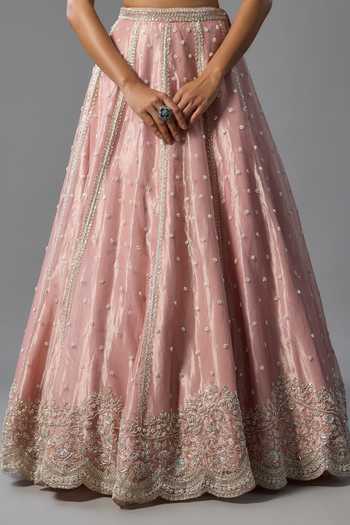 Vedant G_Pink Organza, Tissue Scoop Neck Sequins Embroidered Lehenga Set _at_Aza_Fashions