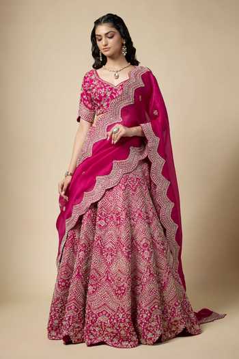Buy_Vedant G_Fuchsia Silk, Organza Sweetheart Neck Embroidered Bridal Lehenga Set _at_Aza_Fashions
