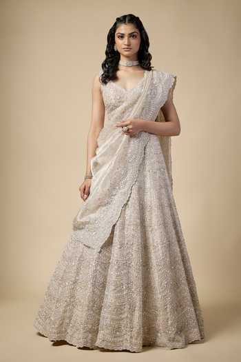 Buy_Vedant G_Gold Organza, Tissue Sweetheart Neck Pearls Embroidered Lehenga Set _at_Aza_Fashions