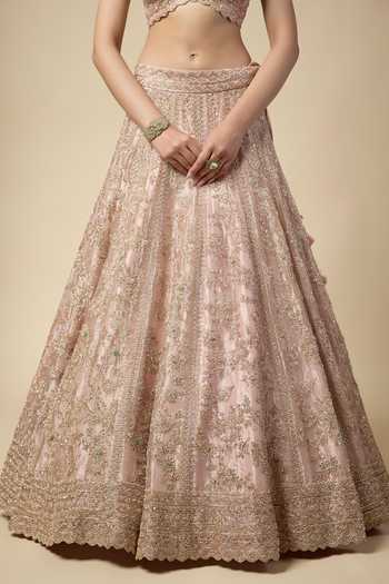 Vedant G_Pink Organza, Tissue Sweetheart Neck Embroidered Bridal Lehenga Set _Online_at_Aza_Fashions