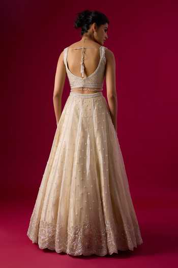 Shop_Vedant G_Gold Tissue Square Neck Sequins Embroidered Champagne Lehenga Set _at_Aza_Fashions