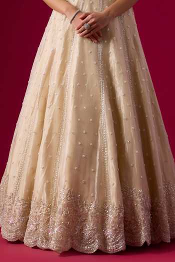Vedant G_Gold Tissue Square Neck Sequins Embroidered Champagne Lehenga Set _Online_at_Aza_Fashions