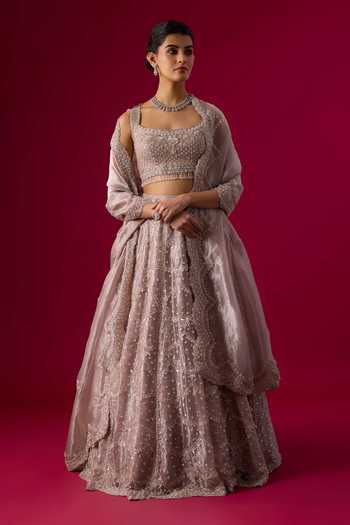 Buy_Vedant G_Lavender Tissue Square Neck Embroidered Lehenga Set _at_Aza_Fashions