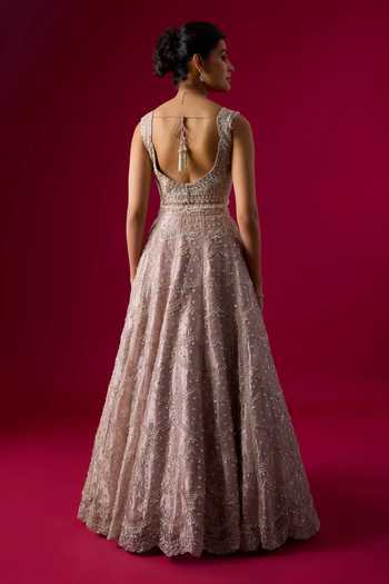 Shop_Vedant G_Lavender Tissue Square Neck Embroidered Lehenga Set _at_Aza_Fashions