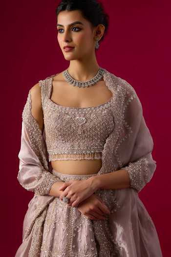 Vedant G_Lavender Tissue Square Neck Embroidered Lehenga Set _Online_at_Aza_Fashions
