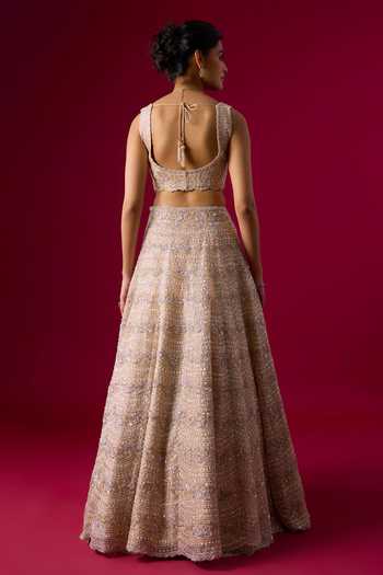 Shop_Vedant G_Peach Tissue Sweetheart Neck Embroidered Lehenga Set _at_Aza_Fashions