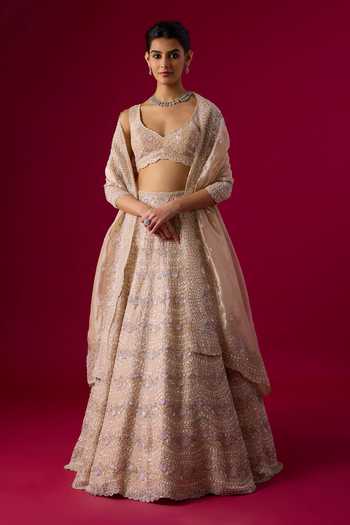 Buy_Vedant G_Peach Tissue Sweetheart Neck Embroidered Lehenga Set _at_Aza_Fashions