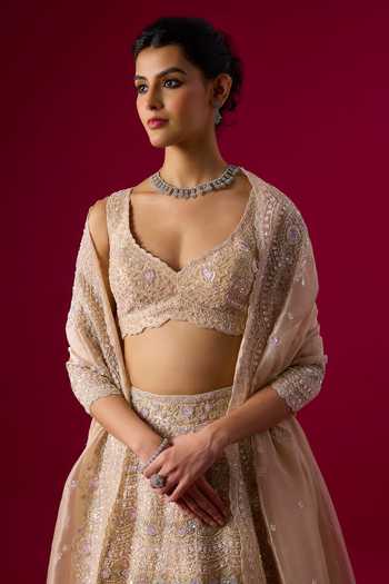 Vedant G_Peach Tissue Sweetheart Neck Embroidered Lehenga Set _Online_at_Aza_Fashions