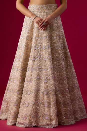 Buy_Vedant G_Peach Tissue Sweetheart Neck Embroidered Lehenga Set _Online_at_Aza_Fashions