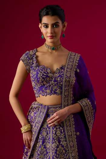Vedant G_Purple Silk, Organza V-neck Sequins Embroidered Bridal Lehenga Set _Online_at_Aza_Fashions