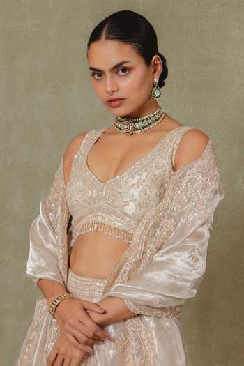 Buy_Vedant G_Beige Tissue V-neck Pearl Embroidered Lehenga Set _Online_at_Aza_Fashions