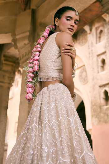 Vedant G_Gold Tissue V-neck Sequins Embroidered Lehenga Set _Online_at_Aza_Fashions