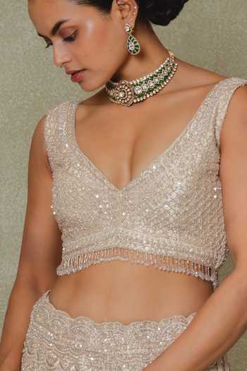 Shop_Vedant G_Gold Tissue V-neck Sequins Embroidered Lehenga Set _Online_at_Aza_Fashions
