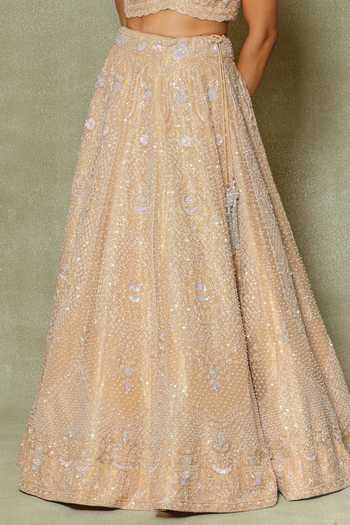 Vedant G_Gold Tissue V-neck Sequins Work Bridal Lehenga Set _Online_at_Aza_Fashions