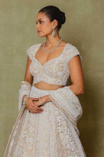 Vedant G_Gold Tissue Sweetheart Neck Embroidered Lehenga Set _Online_at_Aza_Fashions