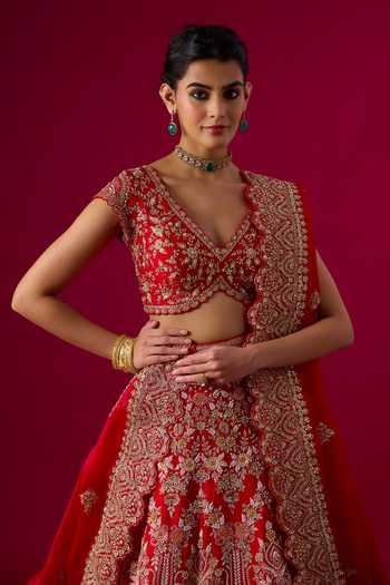 Vedant G_Red Silk, Net V-neck Zardosi Embroidered Bridal Lehenga Set _Online_at_Aza_Fashions
